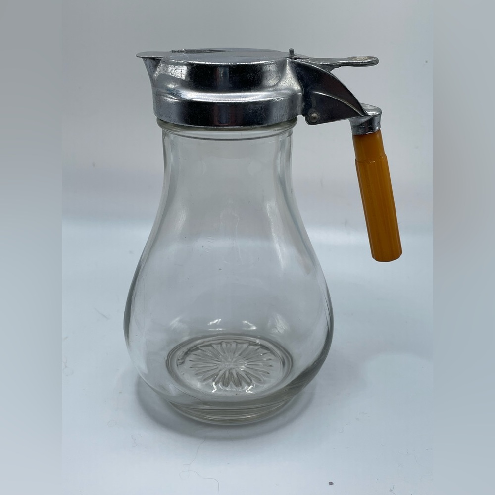 Vintage Syrup Dispenser Green Bakelite Handle & Glass Potbelly Jar
